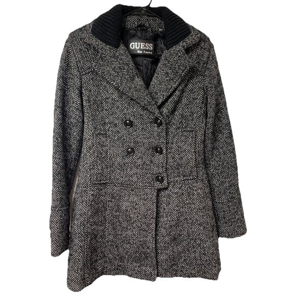VTG 90s GUESS LA 1981 Wool Blend Double-Breasted Lined Tweed Peacoat WMNS SZ SM - Picture 3 of 16